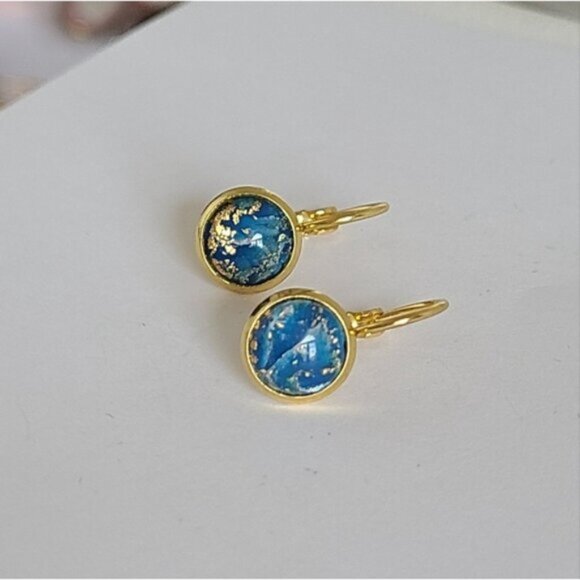 Elegant Hand Crafted Boho Blue Gold Gemstone Marble Circle Drop Dangle Earrings - Picture 7 of 14